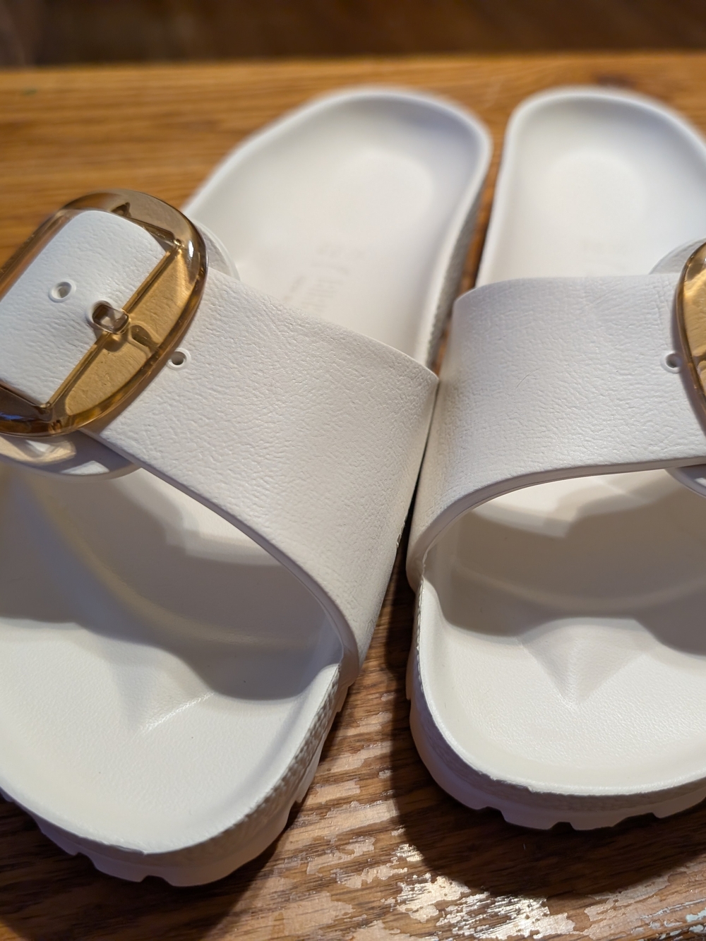 Birkenstock White Madrid EVA Slide Sandals with Gold Buckle - Picture 2 of 4